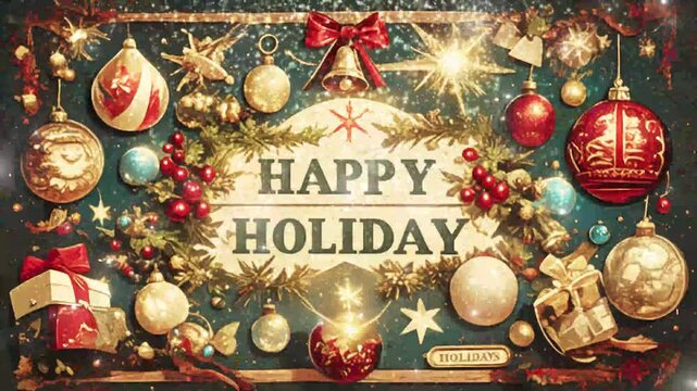 Chalkboard sign adorned with festive ornaments expressing happy holiday wishes. glitch stream overlay seamless loop Vtuber streamer asset twitch zoom OBS screen animated wallpaper virtual background