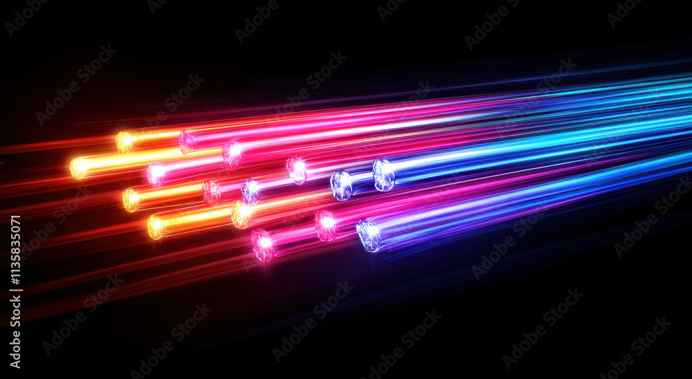 Poster vibrant light rays in various colors streak across a dark background, illustrating motion and energy