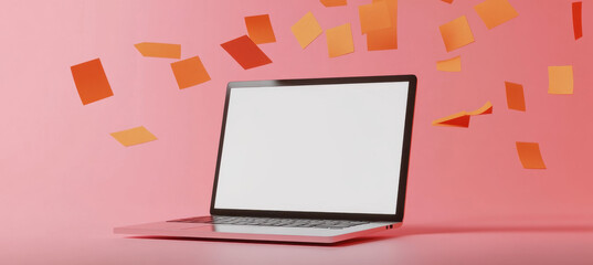 A laptop sits open on a surface, surrounded by colorful sticky notes in orange hues swirling in the air. The vibrant pink background emphasizes the theme of creativity and organization.