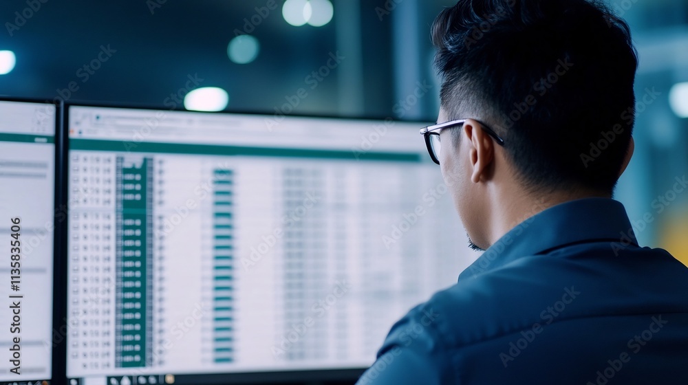 Poster manager reviewing employee payroll and deduction records on computer screen