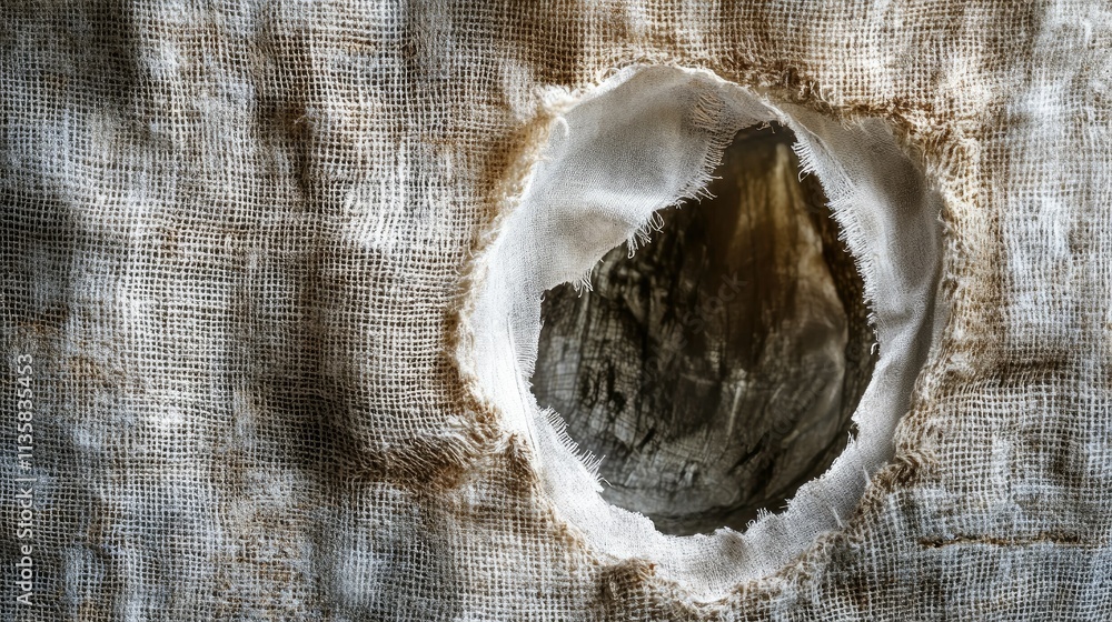 Poster close-up of a textured fabric with a tear showcasing intricate weave and layers of light and shadow,