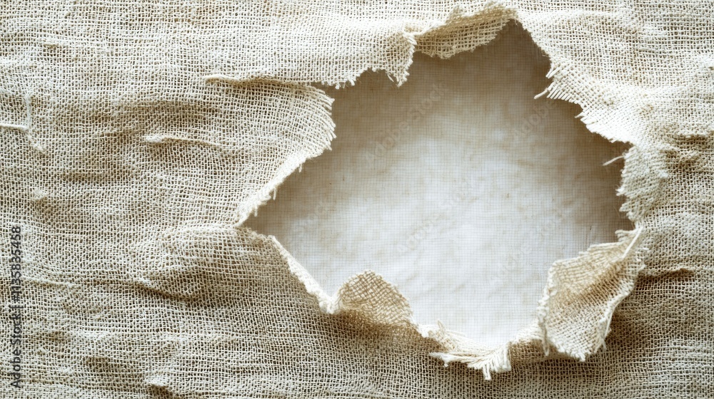 Poster torn fabric surface with frayed edges and exposed area showcasing textured textile material in neutr