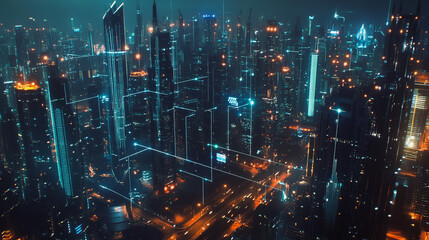 Obraz premium Smart digital Innovation city with connection network reciprocity over the cityscape. of future smart wireless digital city and social media networking systems that connects people with in city