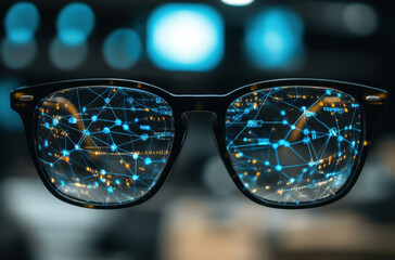 Reflective glasses showcase a digital network filled with lights and lines, set against a backdrop of a modern workspace featuring screens and technology.