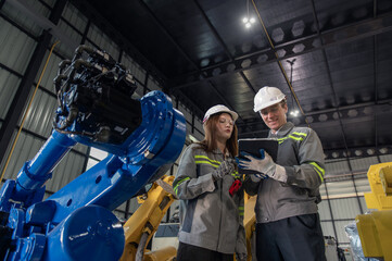 Engineer standing by robotic arm and operating machine in industry factory, technician worker check for repair maintenance electronic operation
