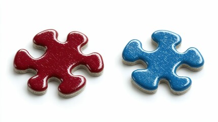 Obraz premium Colorful Red and Blue Glossy Puzzle Pieces on White Background for Educational and Creative Concept