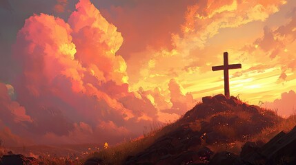 Serene Sunrise Landscape Featuring a Cross on a Hill Bathed in Golden Light and Surrounded by Dramatic Clouds and Vibrant Colors in the Sky