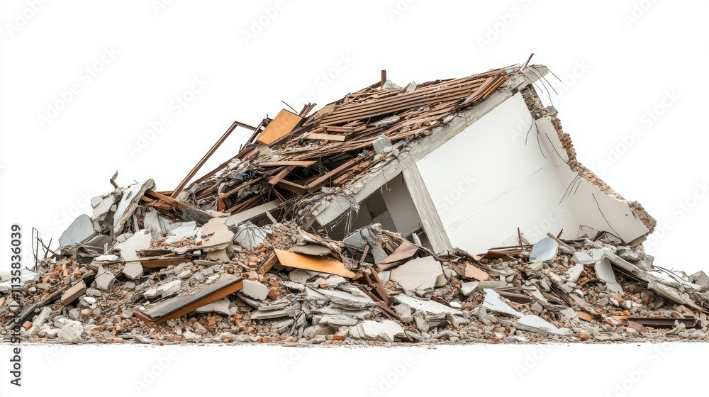 Poster a pile of building debris and rubble after a structural collapse highlighting the aftermath of demol