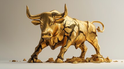 Fototapeta premium Golden bull statue cracked and falling apart, symbolizing the end of a market rally.