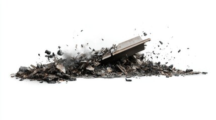 Pile of Debris and Ruins from a Demolition Site, Dust and Debris Ejecting from a Destroyed Structure in a White Background, Suggesting Destruction and Waste Management
