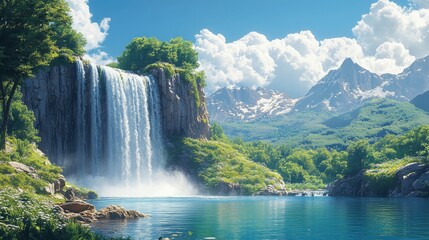 Obraz premium Majestic waterfall flows gracefully over a rugged cliff amidst vibrant greenery and towering mountains under a bright blue sky