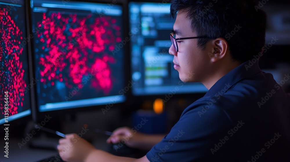 Aufkleber scientist manipulating nanomaterials with precision tweezers in a research lab with digital screens