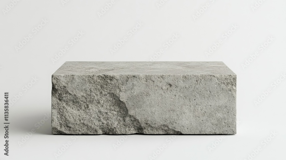 Poster a solid rectangle of weathered gray stone resting on a white surface, perfect for display or backgro