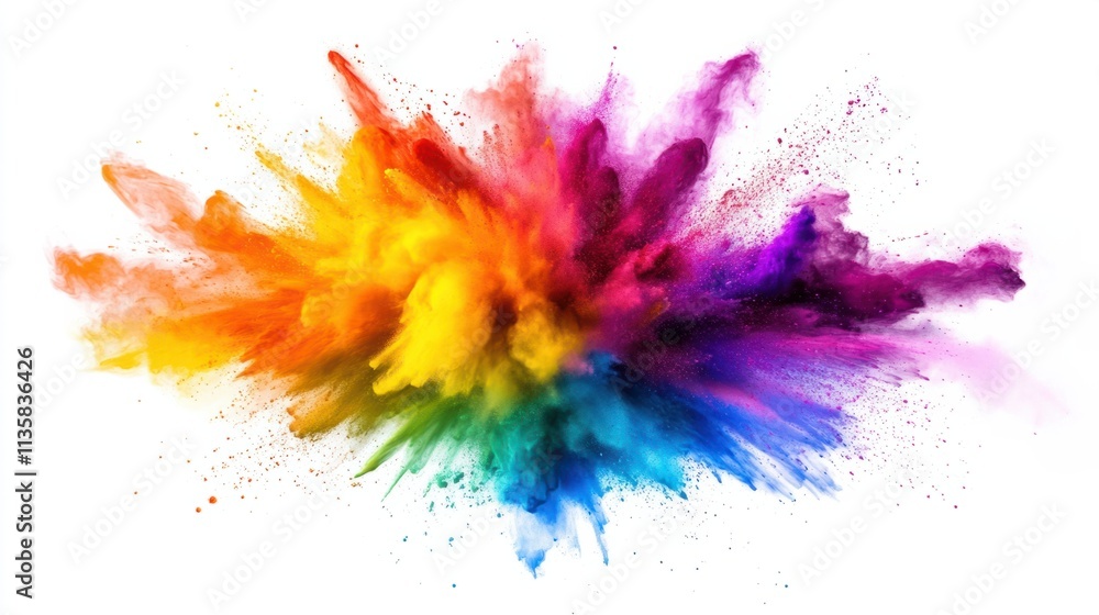 Poster a vivid burst of rainbow colors exploding outward in a dynamic abstract design, isolated on a bright