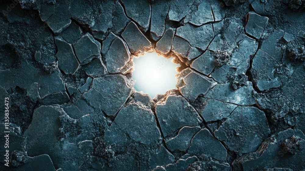 Poster bright light breaking through cracked surface in dark environment, displaying texture and depth in a