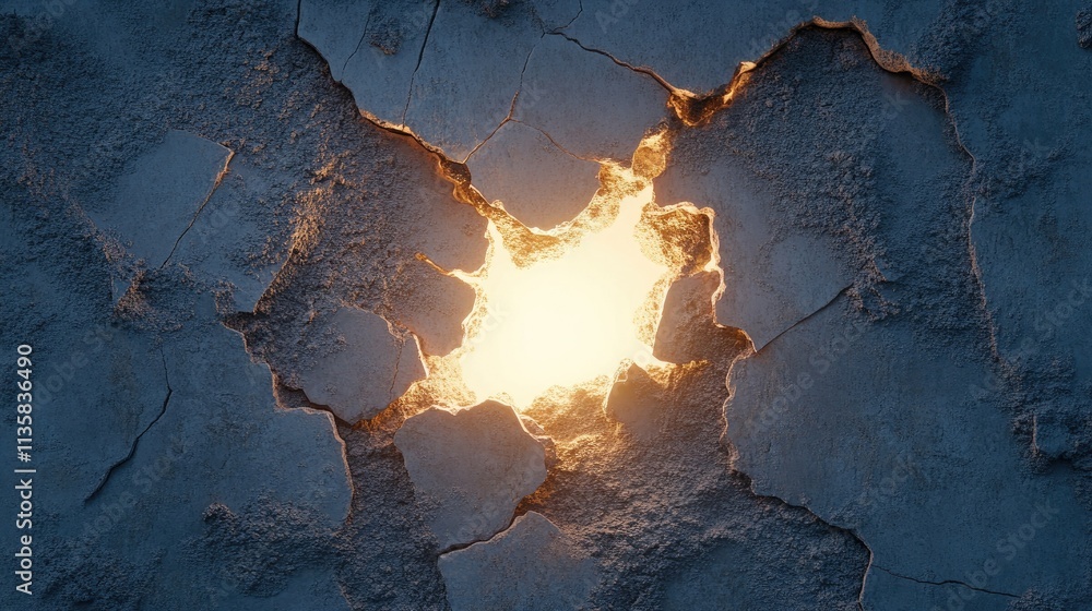 Poster cracked wall with glowing light emanating from break, creating a stunning visual contrast between da
