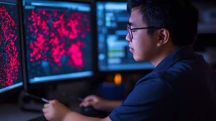 Scientist Manipulating Nanomaterials with Precision Tweezers in a Research Lab with Digital Screens