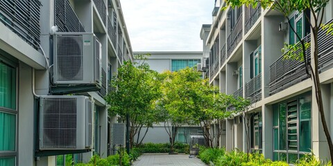 A view of an eco-friendly district cooling system serving multiple buildings.