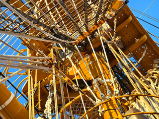 Ropes stretched across the masts of an old ship
