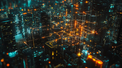 Obraz premium Smart digital Innovation city with connection network reciprocity over the cityscape. of future smart wireless digital city and social media networking systems that connects people with in city