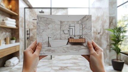 Hands holding a notepad with a creative bathroom design blueprint or drawing, showcasing a real interior design project for a stylish bathroom renovation