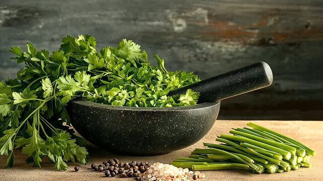 Herbs and Spices in Mortar with Fresh Ingredients for Cooking