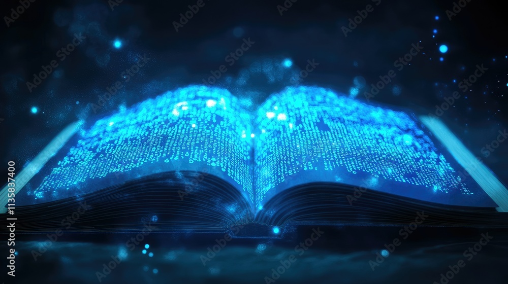 Poster enchanted open book with glowing text and magical particles in a dark mystical setting for fantasy a