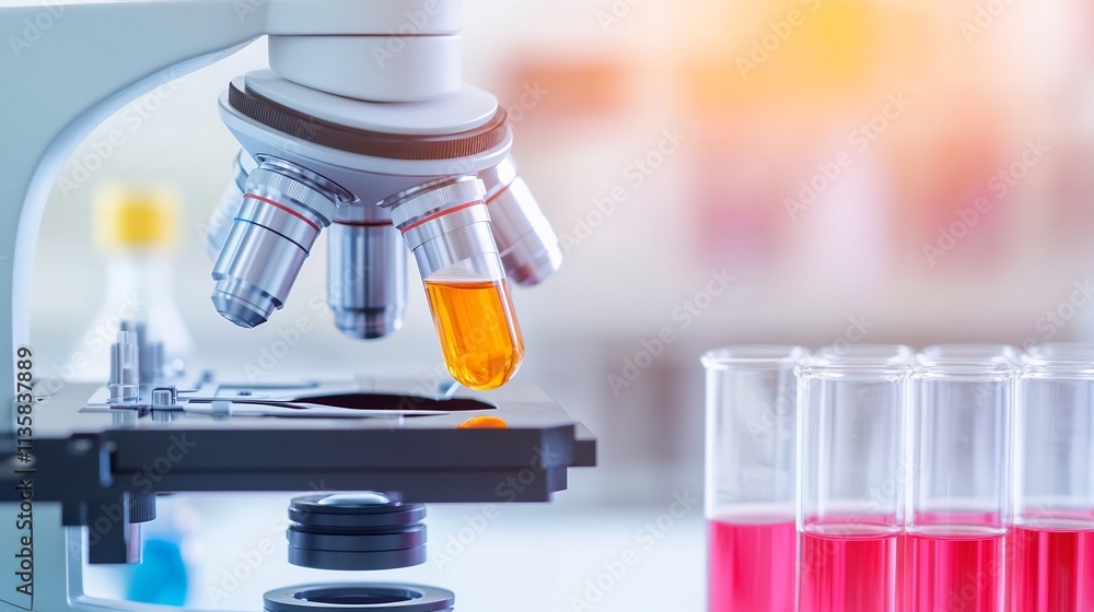 Poster scientist analyzing nanomaterials under microscope in high-tech laboratory