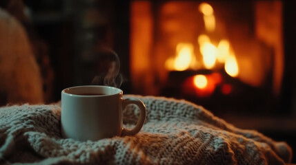 A steaming coffee cup with a fireplace in the background