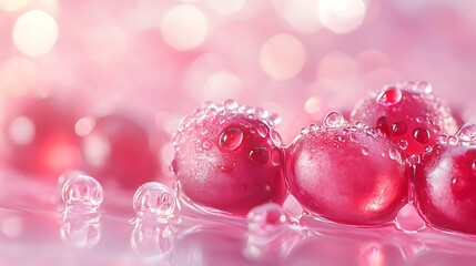 A dynamic macro view of pomegranate seeds, glowing ruby tones illuminated by soft backlight, reflections adding depth and vibrancy, pastel pink background offering an elegant backdrop,