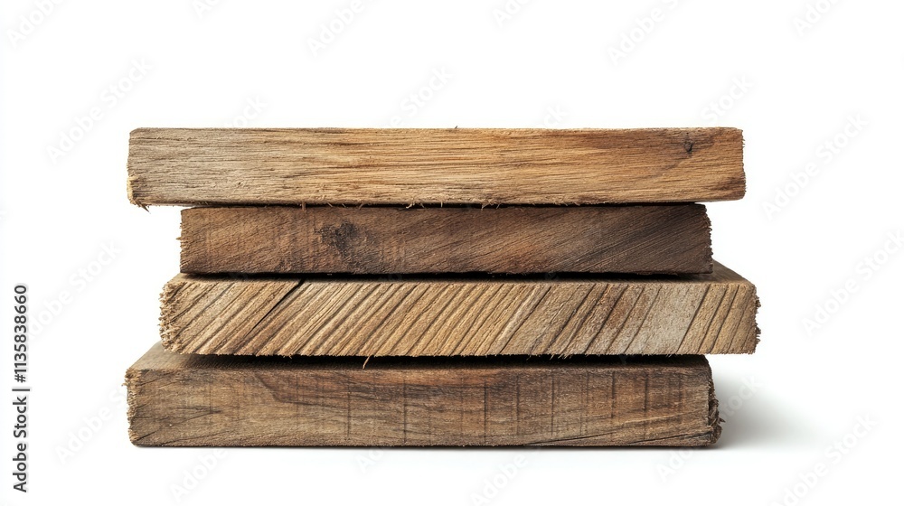 Poster stack of weathered wooden planks with distressed texture and natural grain patterns on a white backg
