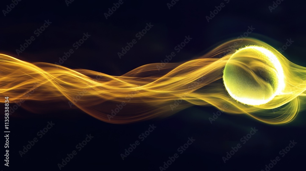 Poster abstract representation of a glowing sphere in motion surrounded by dynamic waves of light, symboliz