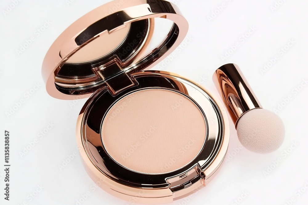 Aufkleber compact powder case with glossy rose-gold finish displayed open to reveal soft applicator and smooth