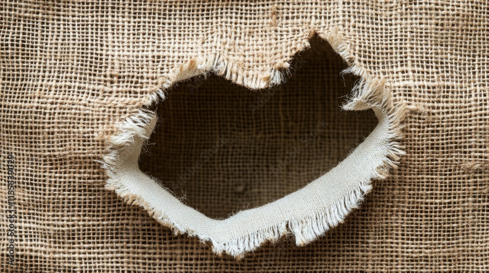 Poster close-up of textured burlap fabric with a frayed tear exposing a smooth white layer beneath, perfect