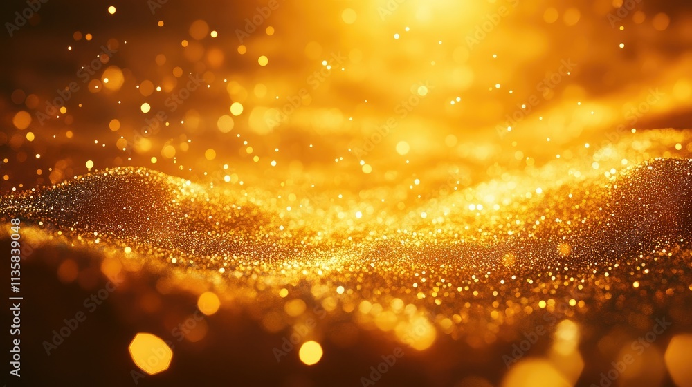 Poster shimmering golden particles on soft surface with bokeh effect, capturing the essence of light and lu