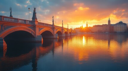A stunning sunset over a bridge reflecting in calm waters, showcasing urban beauty.