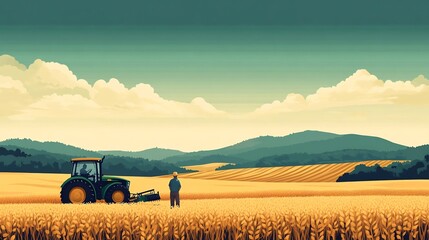 Fototapeta premium Farmer Harvesting Crops in Golden Field with Tractor and Expansive Farmland