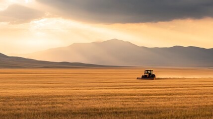 Fototapeta premium Tractor Plowing Fertile Farmland During Warm Golden Sunset in Expansive Rural Landscape