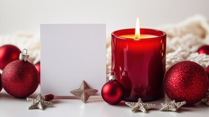 Obraz premium A glowing red candle surrounded by star-shaped ornaments and a blank holiday card, isolated on a clean white background