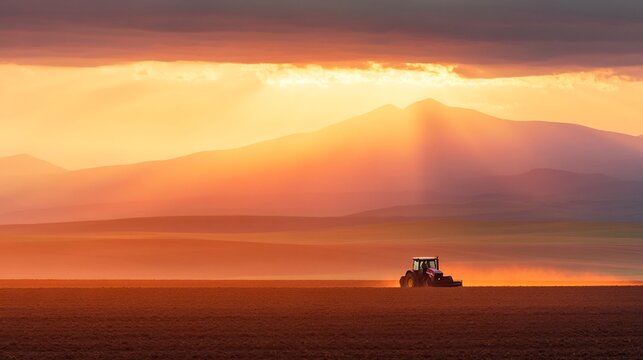 Tractor Plowing Expansive Rural Farmland with Glowing Sunset Rays