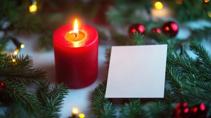 A glowing red Christmas candle surrounded by festive greenery and a blank card, isolated on a bright white background