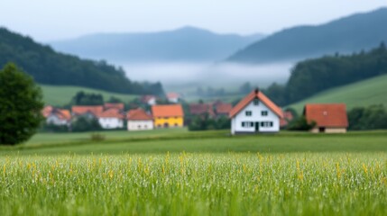 Serene Landscape with Rural Homes and Misty Mountains in Background