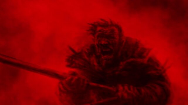Evil obsessed man fights with warrior. 2D animation in horror fantasy genre. Creepy demon face laughing. Spooky character animated backdrop movie. Scary animated short film. Black and red background.