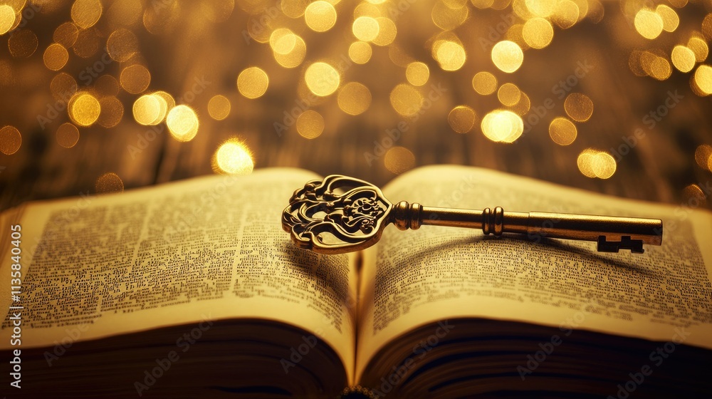 Poster vintage golden key resting on open book with soft glowing bokeh lights, symbolizing knowledge, secre