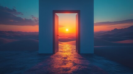 Fototapeta premium Realistic Wooden Door Leading to an Endless Desert Landscape Under Blue Skies