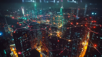 Obraz premium Smart digital Innovation city with connection network reciprocity over the cityscape. of future smart wireless digital city and social media networking systems that connects people with in city