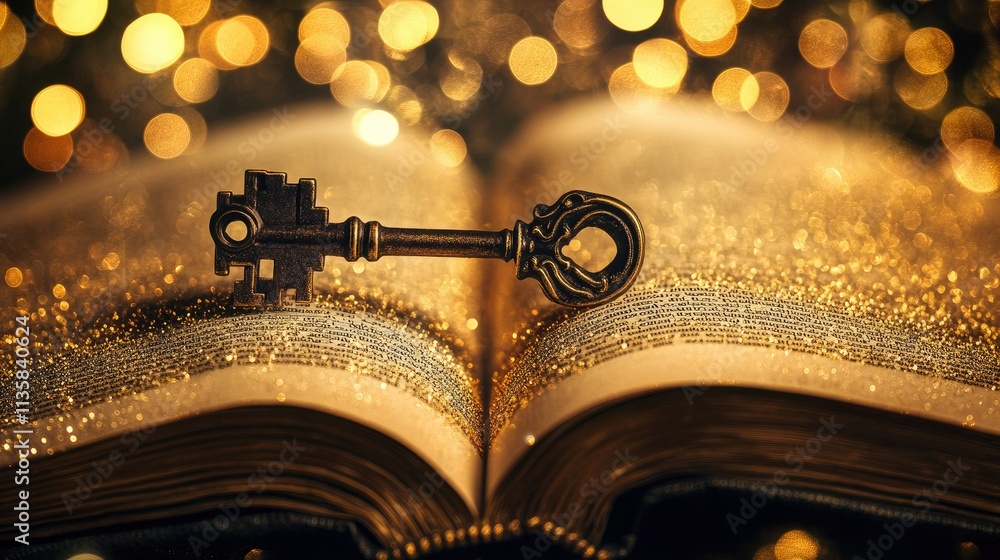 Poster vintage key positioned on open book with soft bokeh lights in background, evoking a sense of mystery