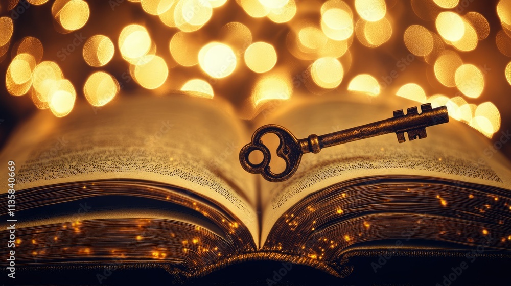 Poster an antique key resting on an open book surrounded by sparkling bokeh lights for a magical or mystica
