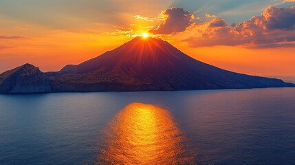 A stunning sunset over a volcano, reflecting on the ocean's surface.