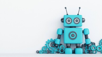 Naklejka premium Cute Blue Cartoon Robot Surrounded by Mechanical Gears on White Background